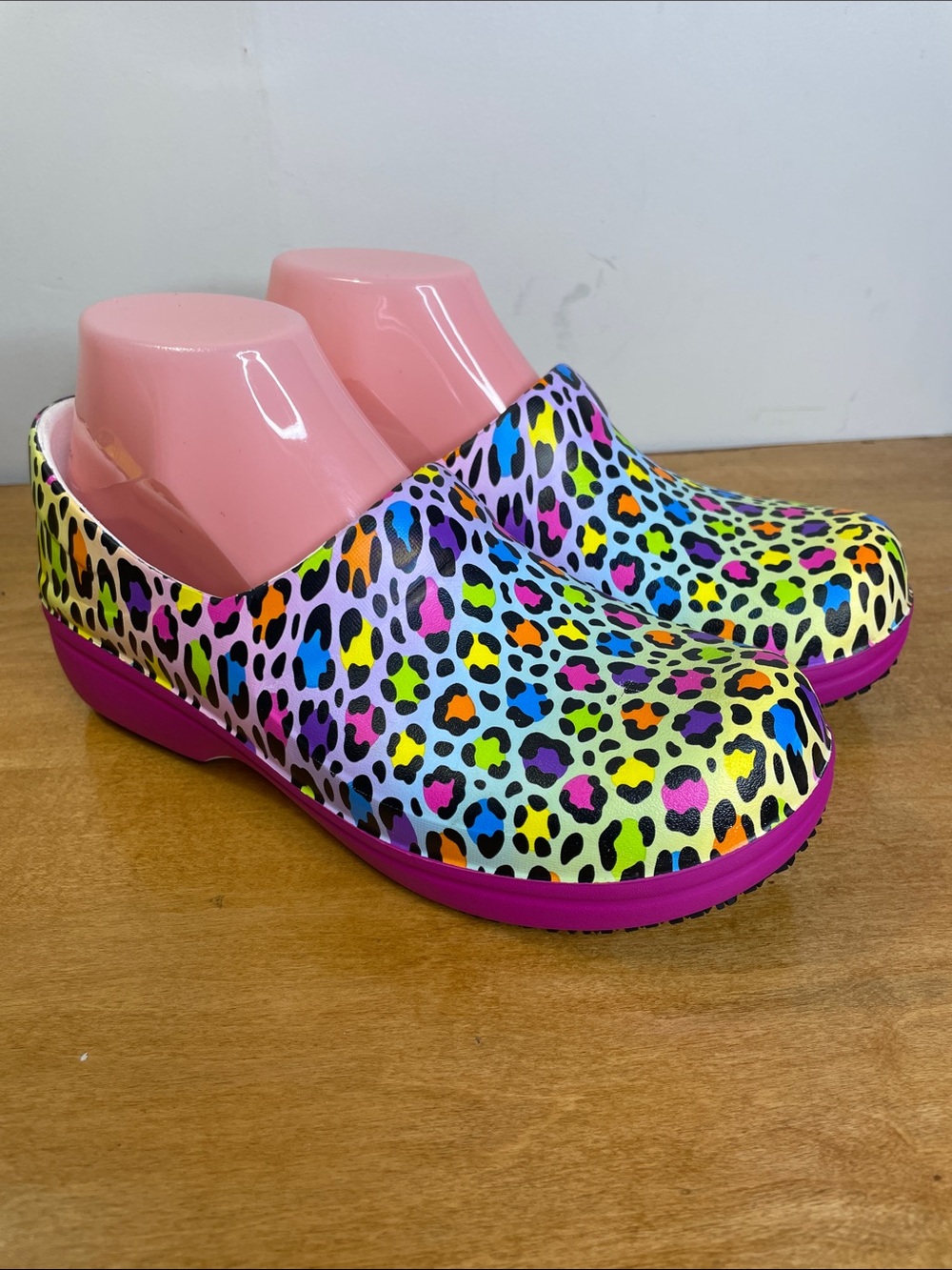 CROCS Neon Multicolor Leopard Print Clogs with Pink Soles. Size 8